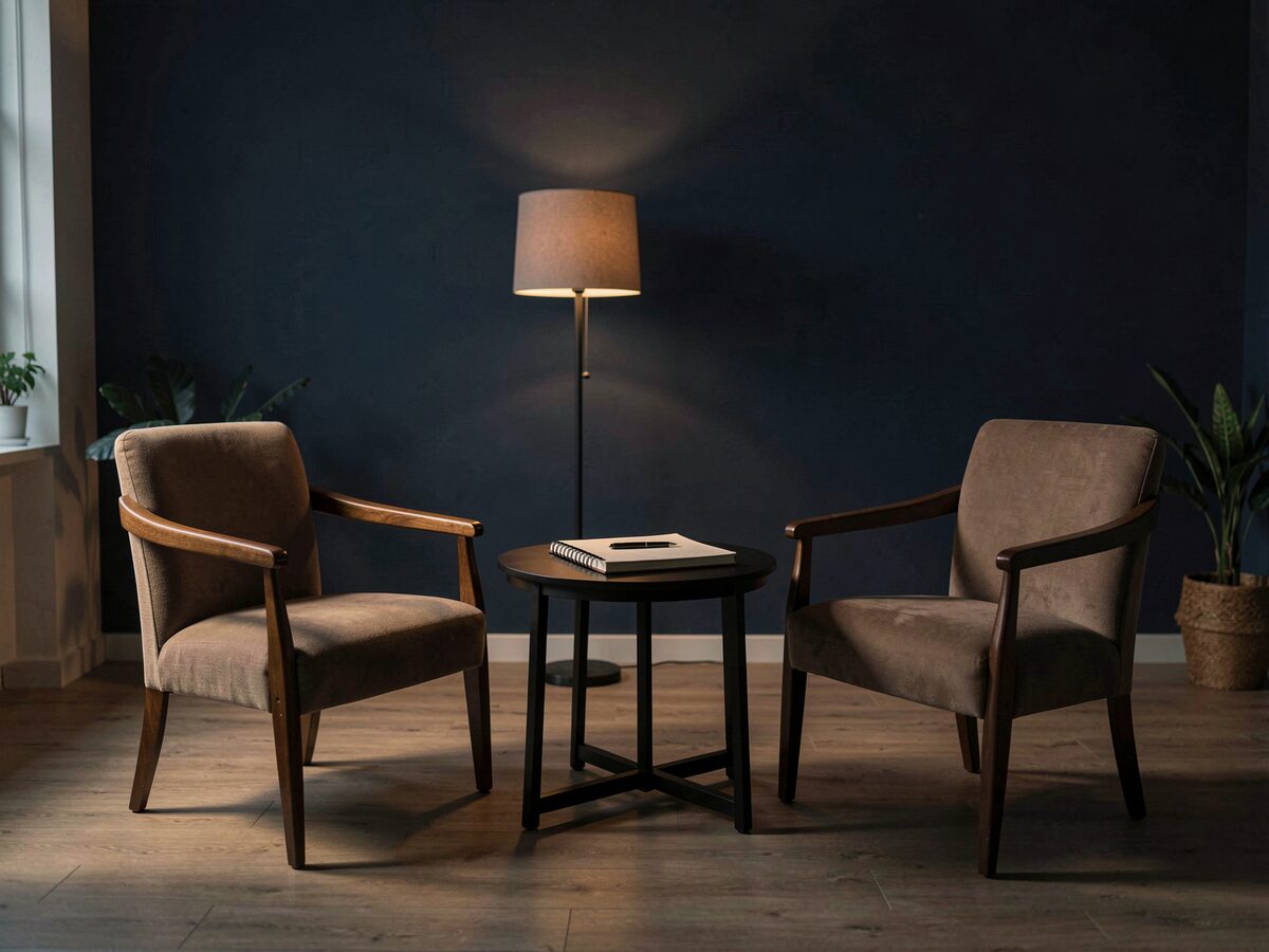 two chairs facing each other across a small dark table with a notebook between them, interview stillness, warm side light, no people, no readable text